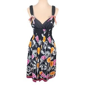 OC by OC Graphic Floral Smocked Waist Sun Dress Sz 2 Black Pink Orange Resort